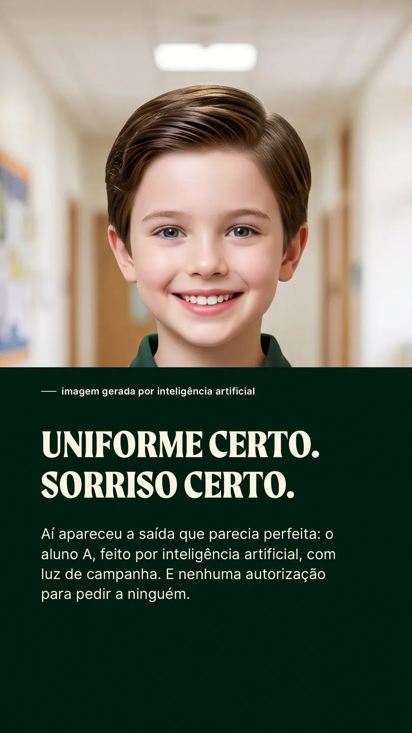 Uniforme certo. Sorriso certo. Aí apareceu a saída que parecia perfeita: o aluno A, feito por inteligência artificial, com luz de campanha. E nenhuma autorização para pedir a ninguém.