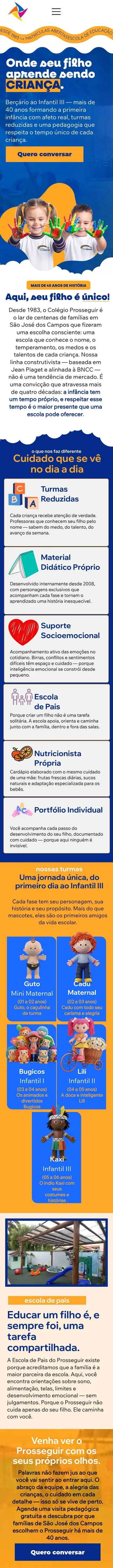 Página inicial do site do Colégio Prosseguir no celular, com o título Onde seu filho aprende sendo criança, os diferenciais da escola e as cinco turmas